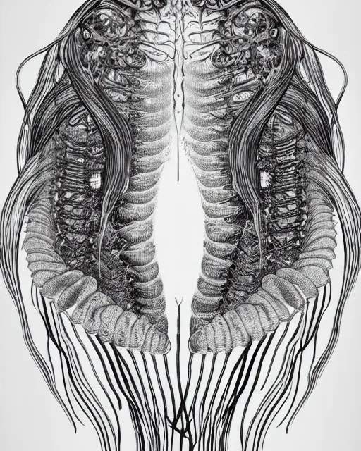 Image similar to mythical dreamy black and white organic bio - mechanical spinal ribbed profile face portrait detail of beautiful intricate monochrome angelic - human - queen - vegetal - cyborg, highly detailed, intricate translucent jellyfish ornate, poetic, translucent microchip ornate, artistic lithography