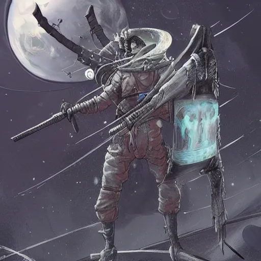 Prompt: a hunter from bloodborne wearing a spacesuit on a space station, retrofuturism, concept art by yoshiyuki tomino, behance contest winner, toonami, redshift, official art