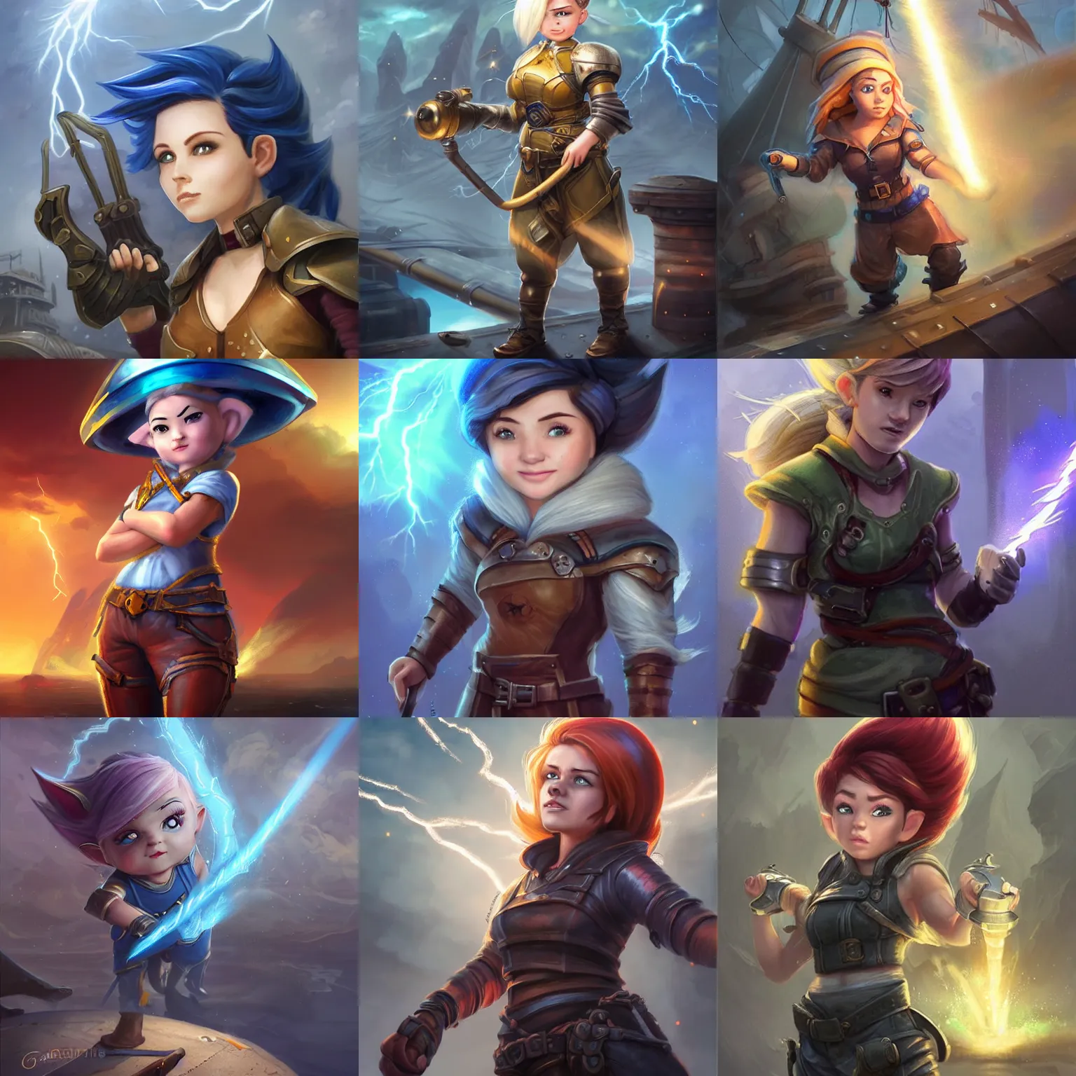 Prompt: female gnome engineer with pixie undercut hair, blasting lightning from metal gauntlet covering her arm, standing on a ship deck, full body portrait, lightning fantasy magic, naval background, d & d, piercing stare, highly detailed, digital painting, artstation, great composition, concept art, matte, sharp focus, illustration, cover by artgerm, art by greg rutkowski
