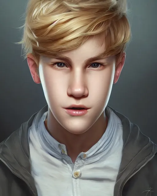 Prompt: portrait of 1 5 - year - old boy with blonde hair, round - face, with slightly buck - toothed, hyper realistic face, beautiful eyes, character art, art by artgerm lau and wlop and and ilya kuvshinov and john singer sargent, hyperdetailed, symmetrical, cryengine, trending on artstation, digital art