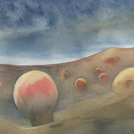 Image similar to a beautiful landscape of an alien planet, with strange terrain and manmade structures not found on earth, watercolor over graphite on vellum golden accented