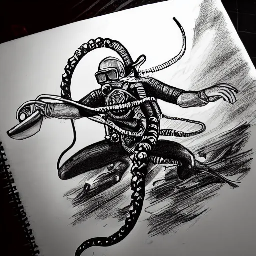 Image similar to old drawing of a scuba diver fighting against a kraken underwater, under water scenery, dramatic lighting, intense, epic, drawing, sketchbook