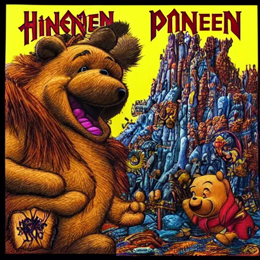 Image similar to winnie the poo on iron maiden album cover, 8 k resolution hyperdetailed photorealism