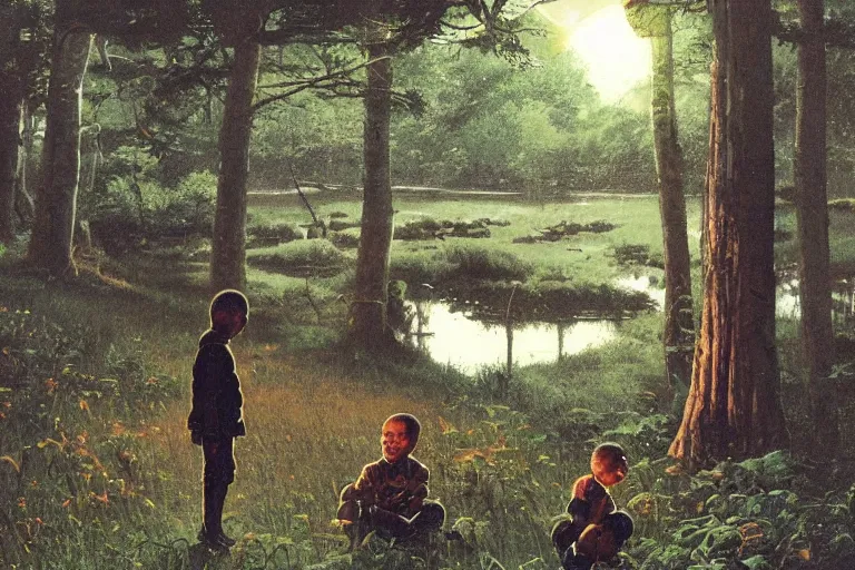 Prompt: a scenic view of a black boy in the middle of a magical forest with glow-worm lights near a lake, detailed, cinematic, dramatic scene, retro illustration by Norman Rockwell.