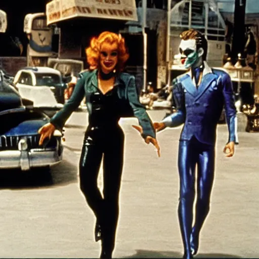 Prompt: « film still of batman and joker in the movie grease »