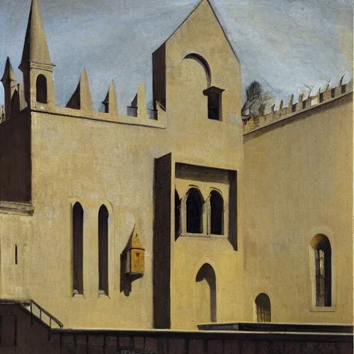 Image similar to in the distance, a little girl with short black hair and wearing a yellow coat alone in the inner courtyard of an abbey, there is a fantoin with a female face in the back, the light is bright and wintry, painting by hopper and de chirico