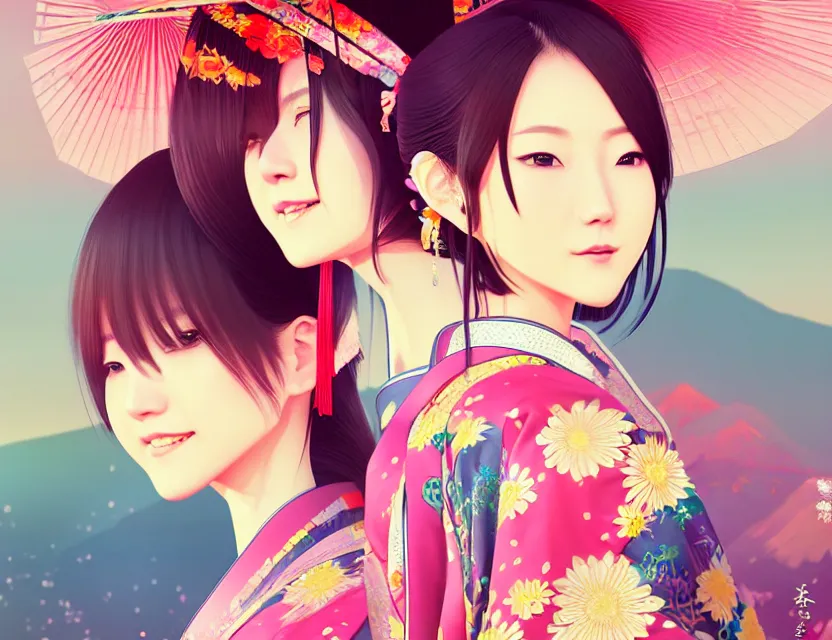 Image similar to two beautiful charming japan female superstar wear arty kimono in festival | | sunny night, festival,, realistic shaded, smile, good looking, hyper details, 4 k realistic, cryengine, realistic shaded lighting poster by ilya kuvshinov, fuji choko, ross tran, 8 k resolution, trending on artstation, luxury