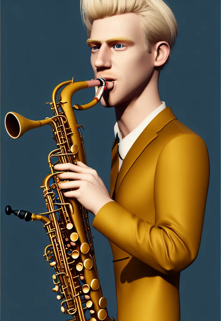 Prompt: a highly detailed portrait of a blond man with nice cloths playing the sax, on a nice calm serene environment, artstation, DeviantArt, professional, octane render