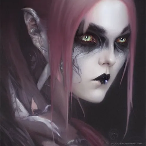 Prompt: gothic, grimdark a beautiful portrait of kerli koiv with pastel goth makeup, a detailed painting by greg rutkowski and raymond swanland and luis royo, featured on cgsociety, grimdark art, detailed painting, artstation hd, photorealistic