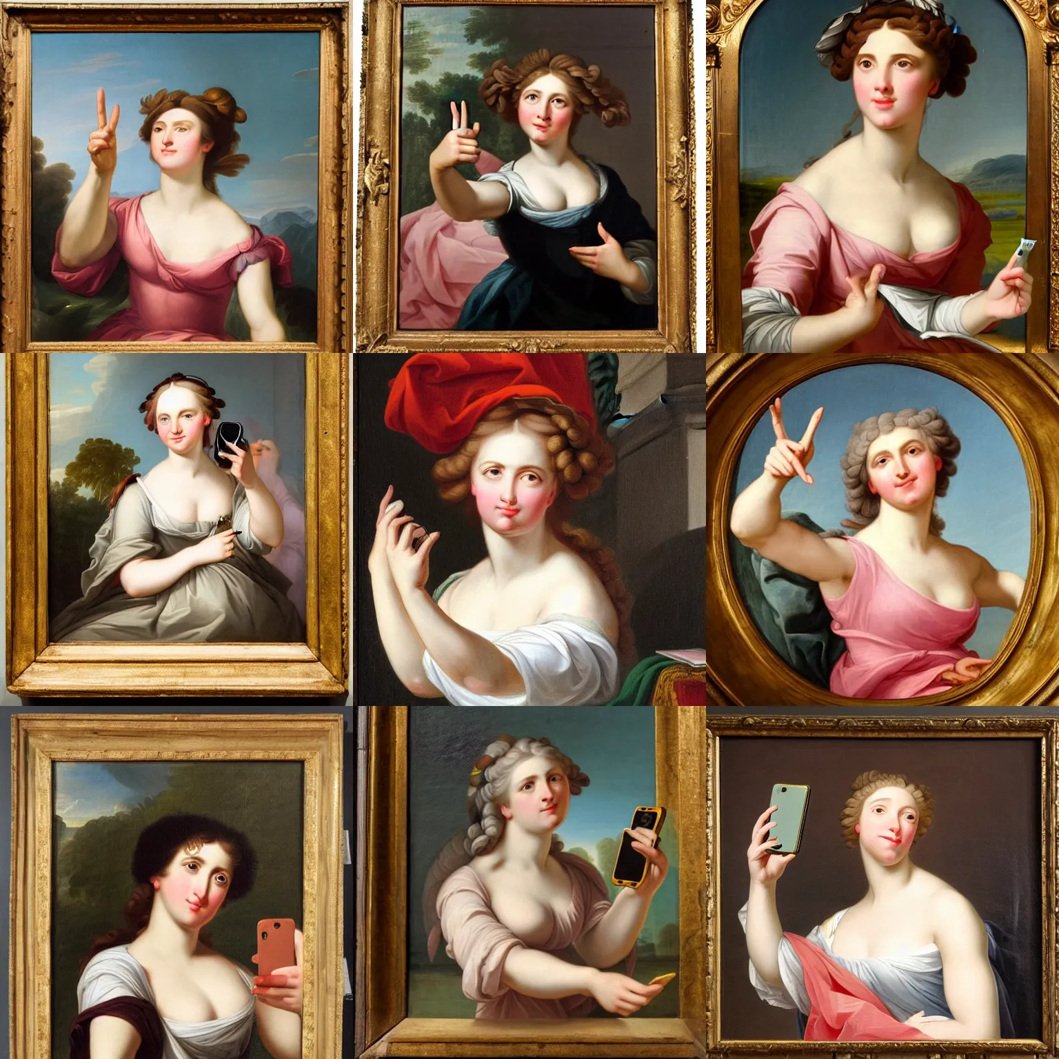 Prompt: A detailed neoclassicism painting from the 18th century painted by Angelica Kauffmann depicting a lady taking a selfie while doing a duck face, her eyes are wide open and her lips are pressed together as in a pout, and holding up two fingers to make the peace sign hand gesture