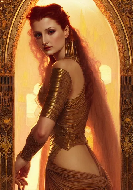 Image similar to sansa angeline jolie gessica chastain mummy cleopatra gold blood, intricate, elegant, highly detailed, digital painting, artstation, concept art, smooth, sharp focus, illustration, art by artgerm and greg rutkowski and alphonse mucha and william - adolphe bouguereau