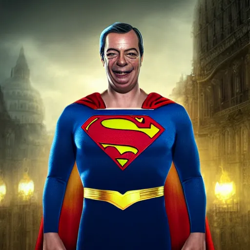 Image similar to Portrait of Nigel Farage as superman, heroic, amazing splashscreen artwork, splash art, head slightly tilted, natural light, elegant, intricate, fantasy, atmospheric lighting, cinematic, matte painting, detailed face, by Greg rutkowski