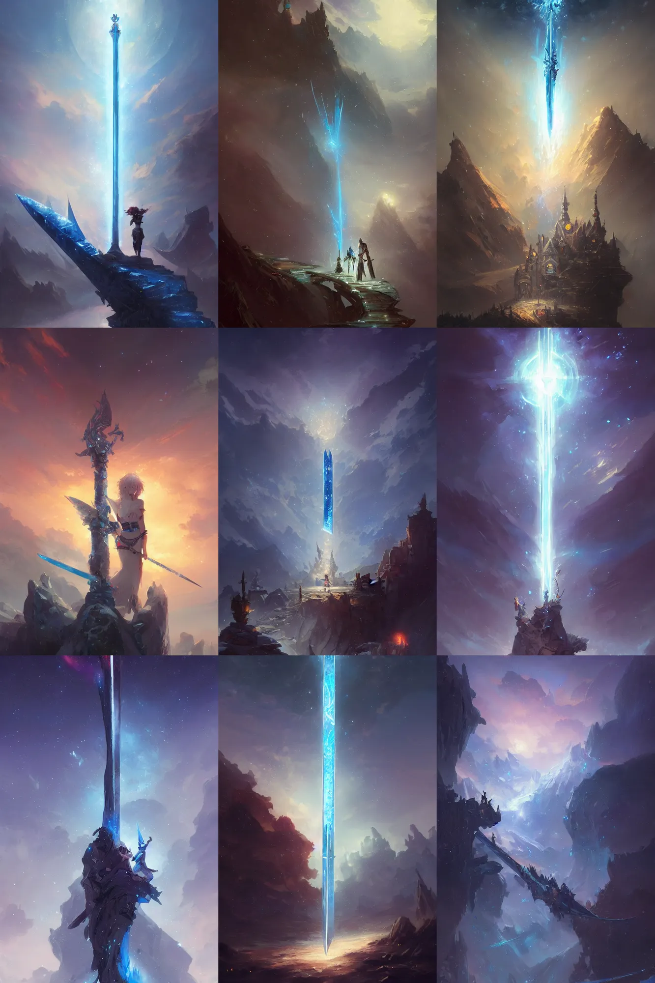 Prompt: a picture of the night sky sword and the blue rose ice sword by greg rutkowski and thomas kinkade, trending on artstation