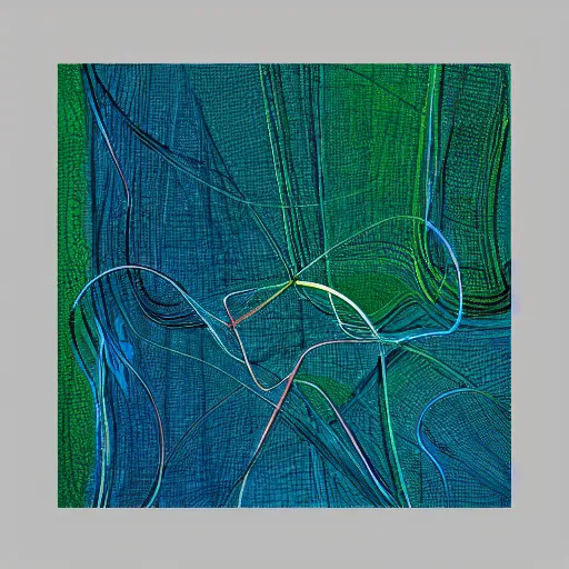 Image similar to abstract piece covered with small looping lines in a blue and dark green color scheme