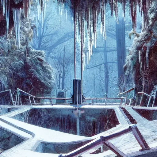 Image similar to stairs leading to a frozen derelict portal in a middle of a snowy lush futuristic forest, green lush world seen only through a portal, daylight, cinematic lighting, blue sky, syd mead, john harris