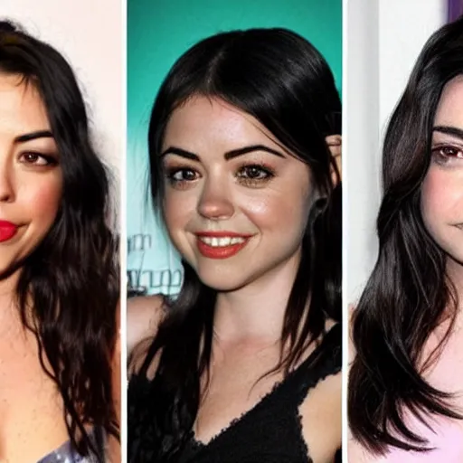 Image similar to ! dream a girl with long black hair and thick eyebrows, her face is a mix between aubrey plaza, ( ( ( lucy hale ) ) ), karen fukuhara, sarah hyland, anne hathaway and christina ricci