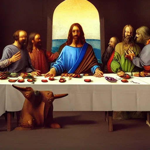 Prompt: mandalorian as jesus at the last supper, by leonardo davinci, concept art, oil painting, art station