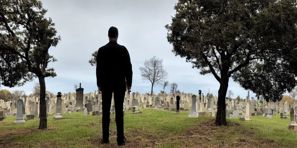 Prompt: Photo of a man in black near a tree in the cemetery looking into the distance