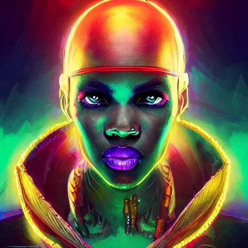 Image similar to african neon necromancer, science fiction, highly detailed, digital painting, beautiful eyes, symmetry, concept art, sharp focus, illustration, global illumination, radiant light, synthwave colors, detailed and intricate environment, art by artgerm and greg rutkowski and magali villeneuve and ilya kuvshinov!