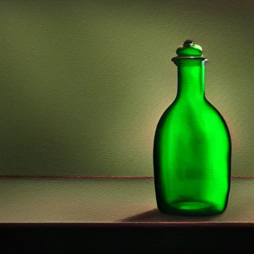 Prompt: a painting of a steampunk potion bottle in light green emerald on a counter in a dark dusty vintage science lab, by h. r. giger, hyperrealistic fantasy art, concept matte, ethereal, dreamy, digital art, trending on artstation, volumetric cinematic lighting