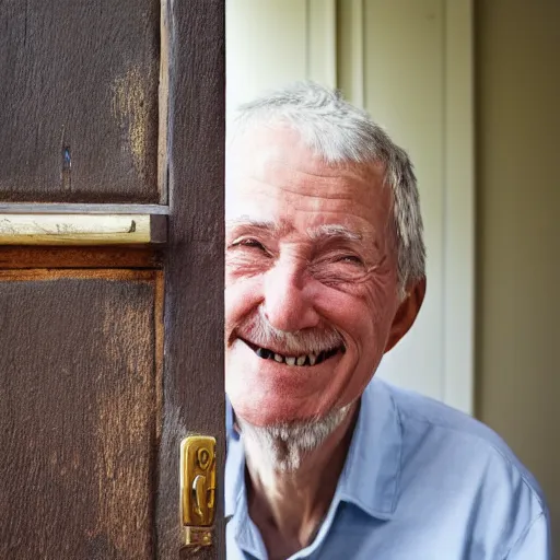 Image similar to an smiling old man peeking through a small door