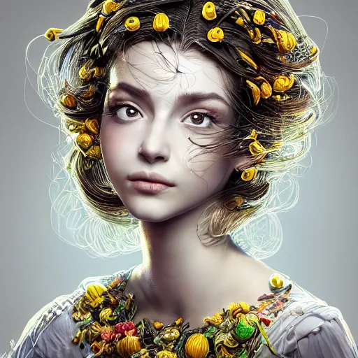 Image similar to the portrait of an absurdly beautiful, graceful, elegant, sophisticated, young girl made up of lemons, an ultrafine hyperdetailed illustration by kim jung gi, irakli nadar, intricate linework, bright colors, octopath traveler, final fantasy, unreal engine 5 highly rendered, global illumination, radiant light, detailed and intricate environment