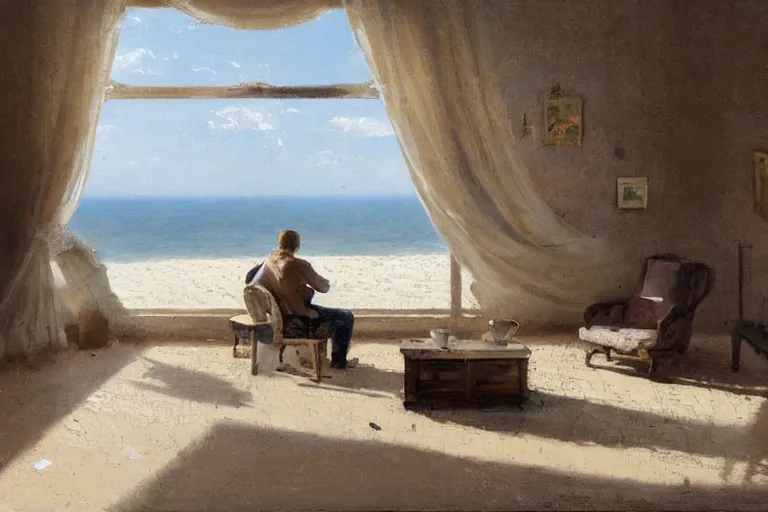 Image similar to a painting of a man sitting down and having a cup of tea in his house by the beach, by greg rutkowski, muted colors