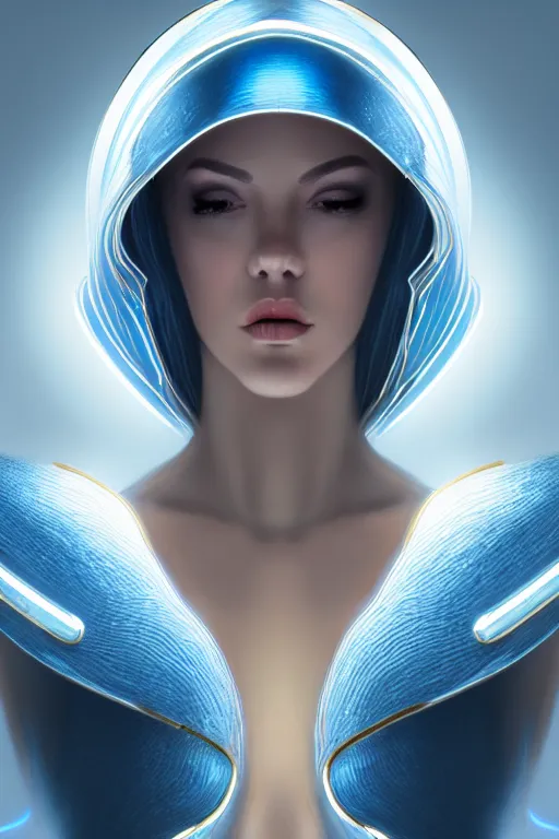 Image similar to detailed portrait glam cyber noun, attractive feminine curves, intricate, scifi, futuristic, elegant cape, elegant, alien room background, white, blue, gold, photorealism, trending on artstation, holy halo, advanced technology, art by moebius and vitaly bulgarov and chanthara