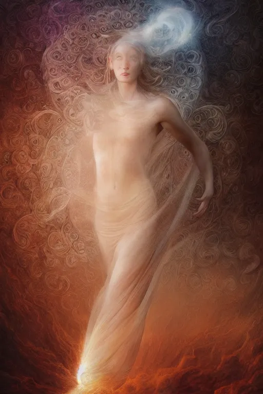 Image similar to Intricate stunning highly detailed pale skinned ethereal being by agostino arrivabene and Vladimir Kush, surreal, digital painting, ultra realistic, Horror vacui, dramatic lighting, full moon, thick black swirling smoke tornado, burning fire embers, artstation