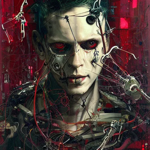 Image similar to a male cyberpunk hacker, skulls, wires cybernetic implants, machine noir dieselpunk grimcore, in the style of adrian ghenie esao andrews jenny saville surrealism dark art by james jean takato yamamoto and by ashley wood