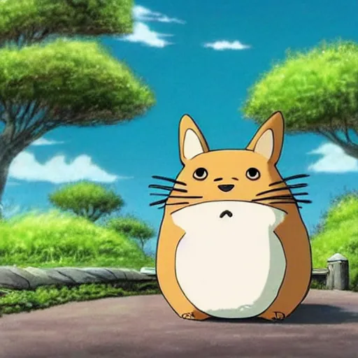 Image similar to an adorable corgi totoro, scenic landscape background, beautiful, anime, ghibli