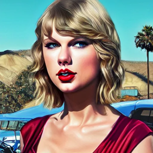 Image similar to Taylor Swift in GTA 5, cover art by Stephen Bliss