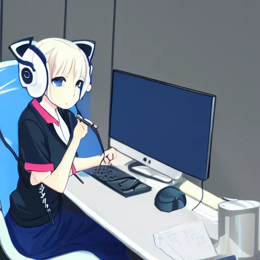 Image similar to anime girl, short white hair, blue eyes, wearing cat ear headphones, sitting at desk at keyboard, programming, pixiv, anime