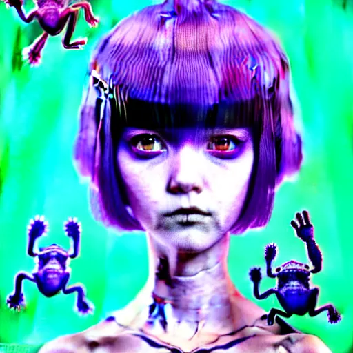 Image similar to amazingly detailed art illustration of a beautiful young morbid woman, wearing a tie-dye shirt, short shorts, with short hair with bangs, she is hallucinating seeing violet frogs, by Range Murata, Katsuhiro Otomo, Yoshitaka Amano, and Artgerm. 3D shadowing effect, 8K resolution.