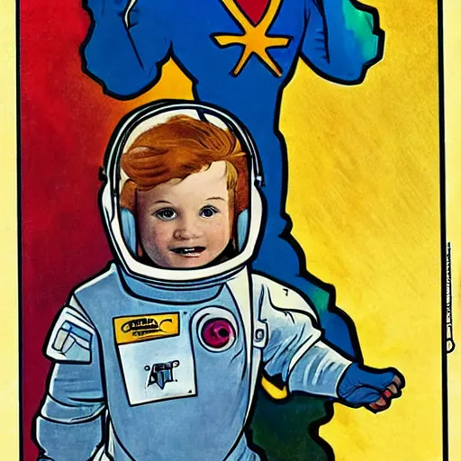 Prompt: a cute little boy with a mischievous face and short ginger hair. he is dressed as an astronaut. well composed, clean elegant painting, beautiful detailed face. comic book art by steve ditko and jack kirby and ( alphonse mucha )