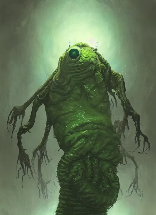 Image similar to portrait of green noise an amorphous blob, slimy alien creature with hundreds of eyes, eyes!!!!!, it has several human arms out stretched to grab me. painted by greg rutkowski, wlop,,