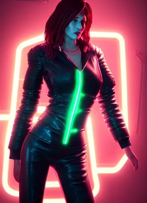 Image similar to pretty young woman with shoulder length shiny shimmering dark red hair and wearing a stuffed leather jacket with the glow of neon lights illuminating her, path traced, highly detailed, high quality, digital painting, by cd projekt red, cyberpunk,