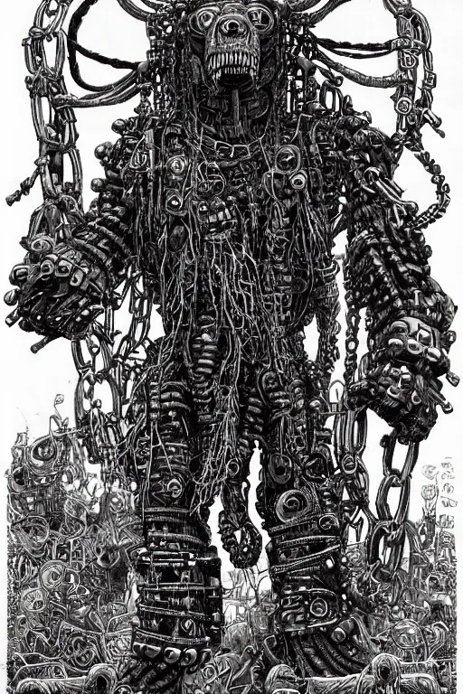 Image similar to wild monstorous anthropomorphic biomechanical bear shaman-warrior wearing chains made of tiny human skulls and other voodoo artifacts. Wearing dreadlocks made of cables and wires. Upgraded with hightech cyberwares. huge, big, giant bear human hybrid, mecha animal, tall, detailed woodcut armor, terrifying and dangerous, scary, beautiful, steampunk monster android hybrid art portrait, matte scifi fantasy painting, half robot half bear. Fullbody, Centered uncut. 50px margins on every side.. DeviantArt Artstation, by Jason Felix by Steve Argyle by Tyler Jacobson by Peter Mohrbacher, cinematic lighting