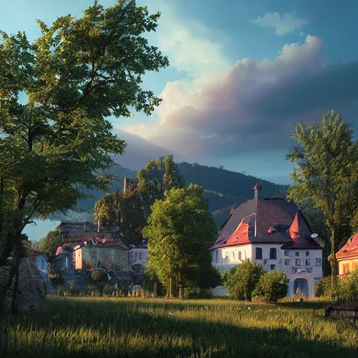 Image similar to a beautiful hyper realistic photo of banska stiavnica in summer with old houses and trees in sunset, sky, v - ray, octane render, unreal engine, by greg rutkowski and james gurney, artstation