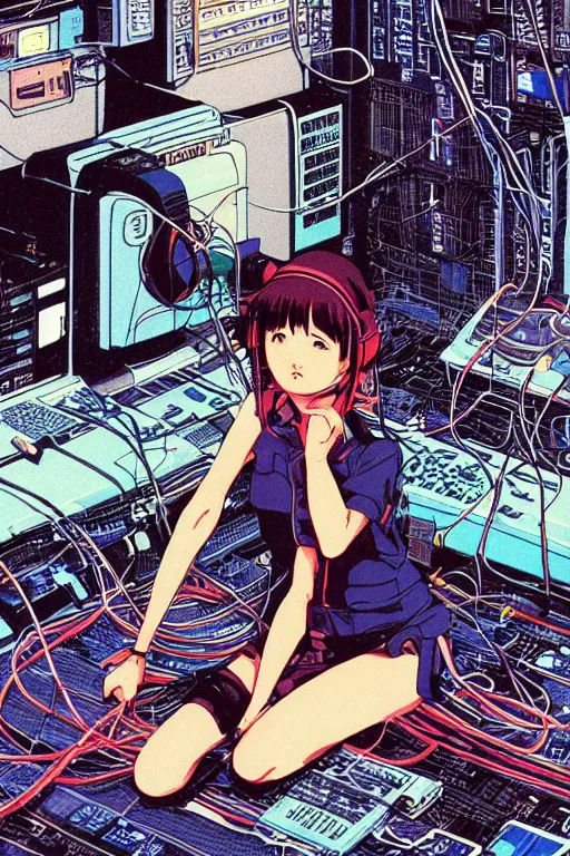 Prompt: an awe inspiring 1980s japanese cyberpunk anime style illustration of an android girl seated on the floor in a tech labor, seen from the side with her back open showing cables and wires coming out, by masamune shirow and katsuhiro otomo, studio ghibli color scheme, dark, complex