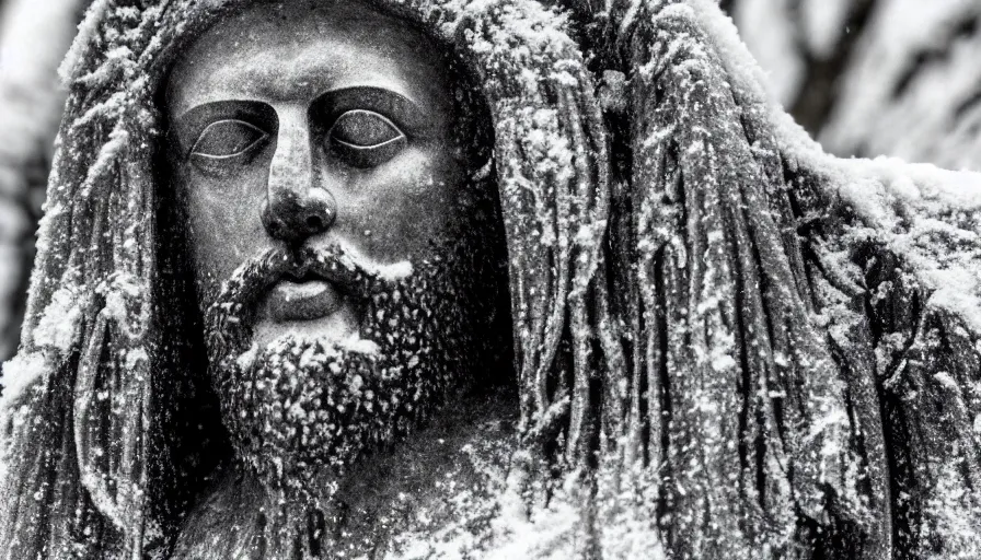 Prompt: 1 9 6 0 s movie still close up of marcus aurelius in emperor clothes frozen to death by the side of a river, grass, snowy, pine forests, cinestill 8 0 0 t 3 5 mm b & w, high quality, heavy grain, high detail, texture, dramatic light, anamorphic, hyperrealistic, detailed hair, foggy