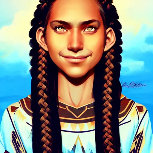 Prompt: in the style of artgerm and Andreas Rocha and Joshua Middleton, pretty Native American teen with braids and warpaint, smile on face, Symmetrical eyes symmetrical face, prairie in background, natural lighting, warm colors