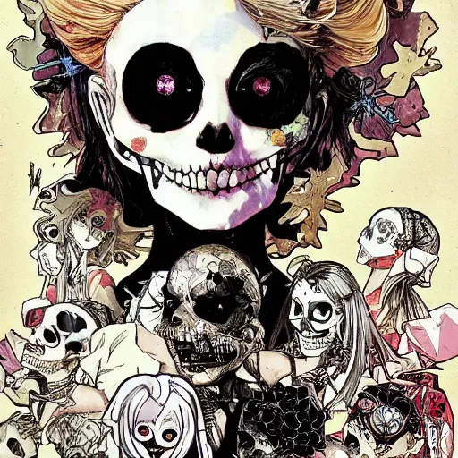 Image similar to anime manga skull portrait girl female HarleyQuinn skeleton illustration sunset art Geof Darrow and Ashley wood and Ilya repin and alphonse mucha pop art nouveau