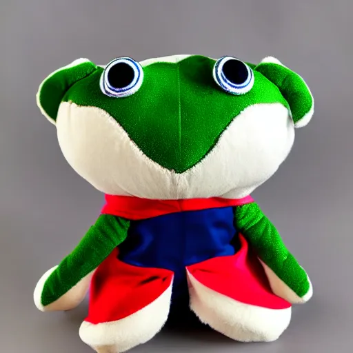 Image similar to stuffed animal frog wearing a sailor suit, plushie photography,