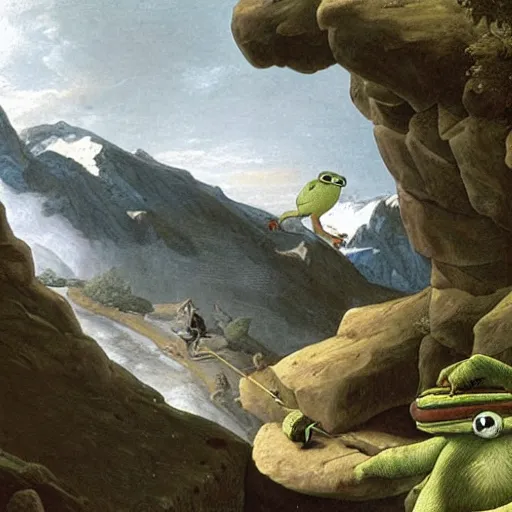 Prompt: Pepe the frog Crossing the Alps by Jacques-Louis David