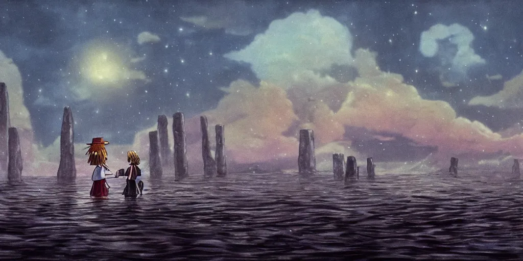 Image similar to a realistic and atmospheric cell - shaded concept art from howl's moving castle ( 2 0 0 4 ) of a multi - colored cube from close encounters of the third kind ( 1 9 7 7 ) over a flooded stonehenge. it is a misty starry night. very dull colors, hd, 4 k, hq