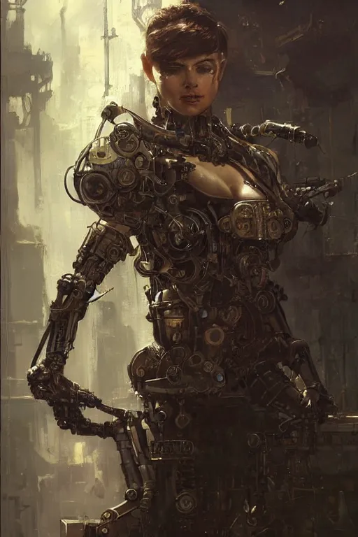 Prompt: a futuristic steampunk engineer with a cybernetic eyepatch, upper body, highly detailed, intricate, sharp details, dystopian mood, sci-fi character portrait by gaston bussiere, craig mullins