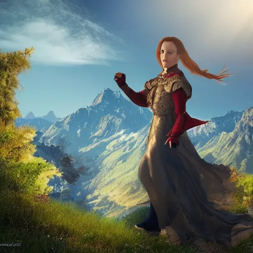 Prompt: renaissance woman using a smarting , centered full body shot, full pov, studio light, italian mountains background, intricate, epic lighting, cinematic composition, hyper realistic, 8k resolution, unreal engine 5