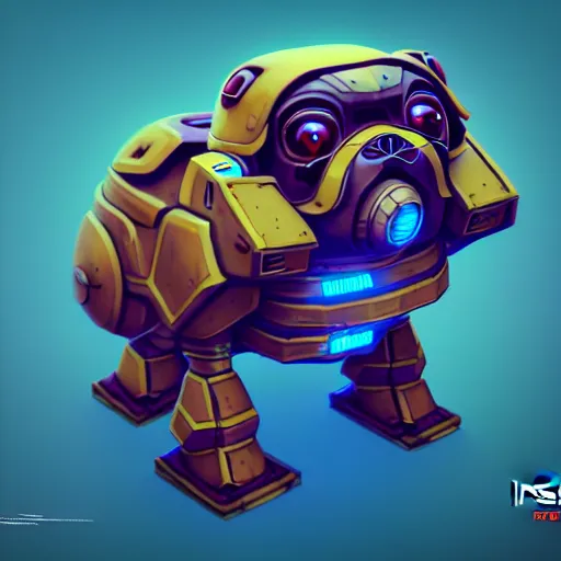 Image similar to isometric 3 d fantasy cute pug mecha, smoth 3 d illustration, cinematic matte painting, soft render, servando lupini, handpaint texture, blender, 3 dcoat