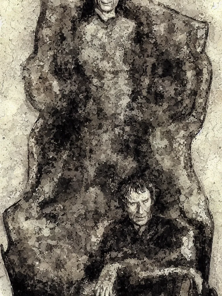 Image similar to portrait of king neil gaiman on his throne, in the style of mike dringenberg and dave mckean